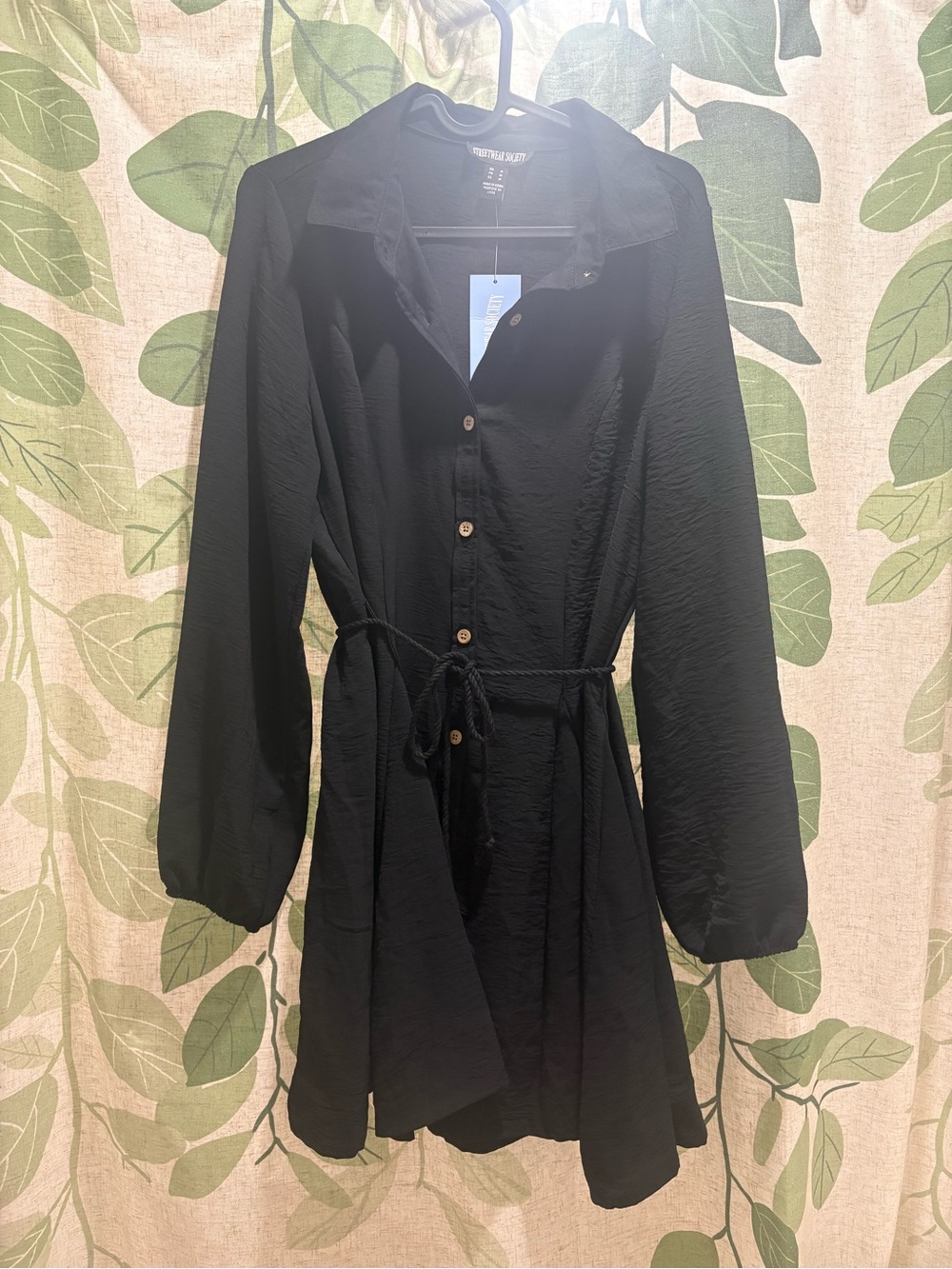 Streetwear Society Black Long-Sleeve Shirt Dress with Waist Tie